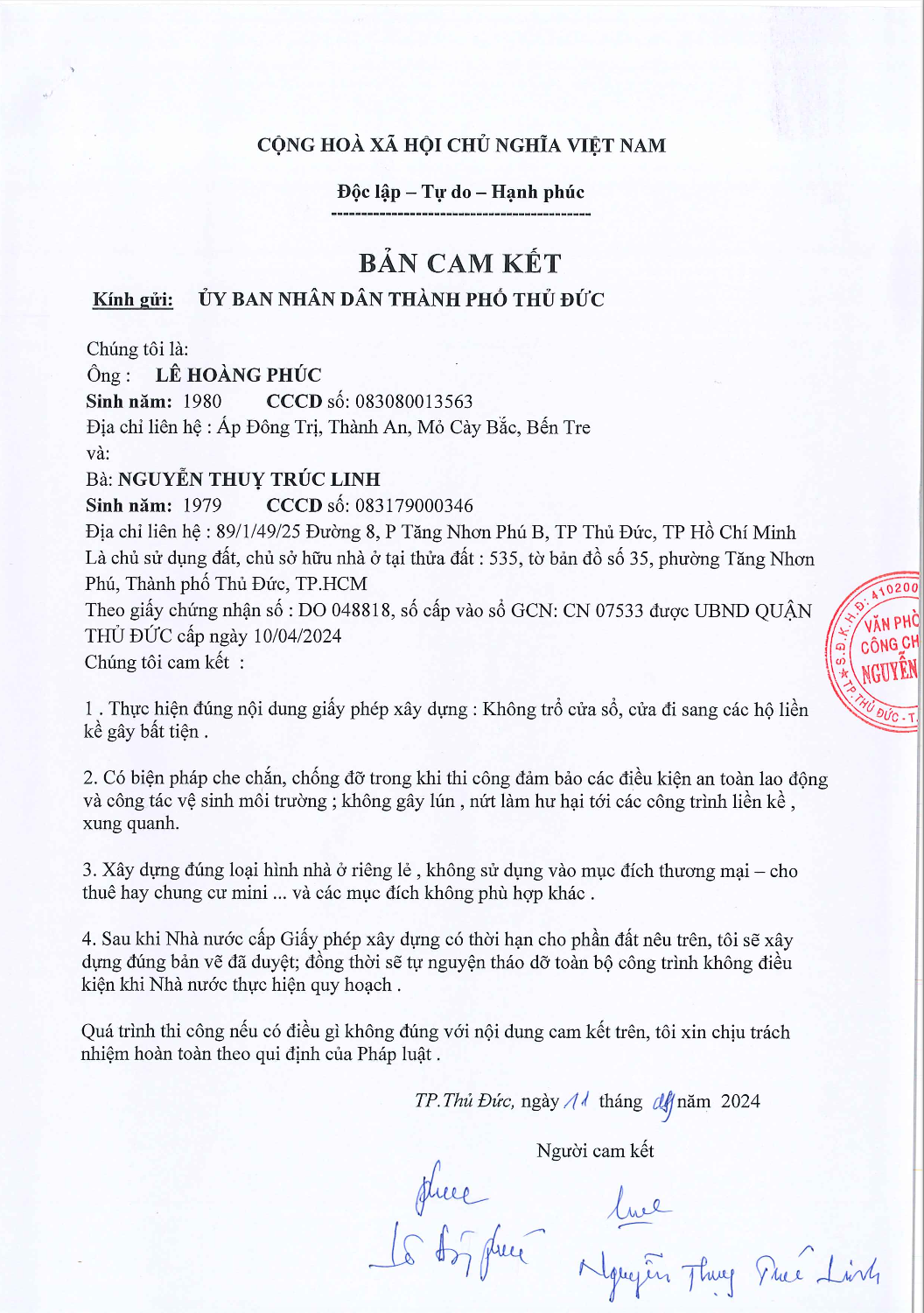DỊCH VỤ XIN PHÉP XÂY DỰNG TẠI THUẬN AN, BÌNH DƯƠNG 4 Bản cam kết khi xin phép xây dựng